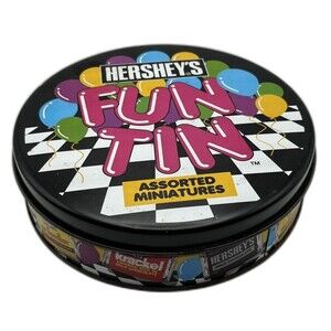 Vintage 1997 Hershey's Fun Tin Assorted Miniatures Round Storage Tin 5.3oz Used